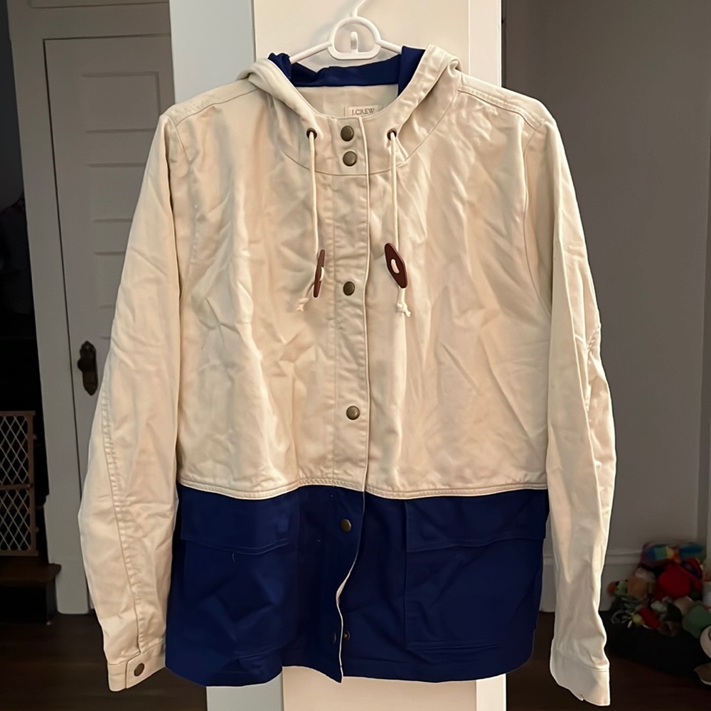 JCrew jacket, women’s size large, cream and blue